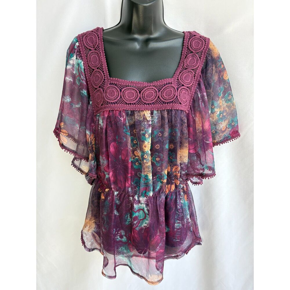 Seventh Avenue Y2K Boho Purple Top Size M Chiffon Lace Embroidery Floral Cute